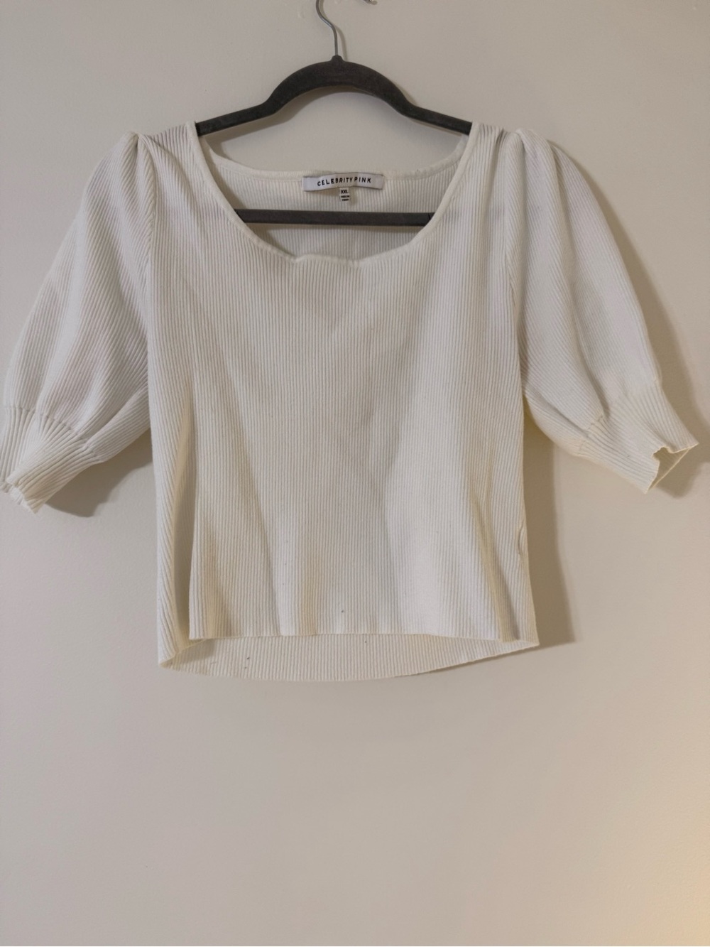 Celebrity Pink Cream Ribbed Knit Puff Sleeve Top XXL